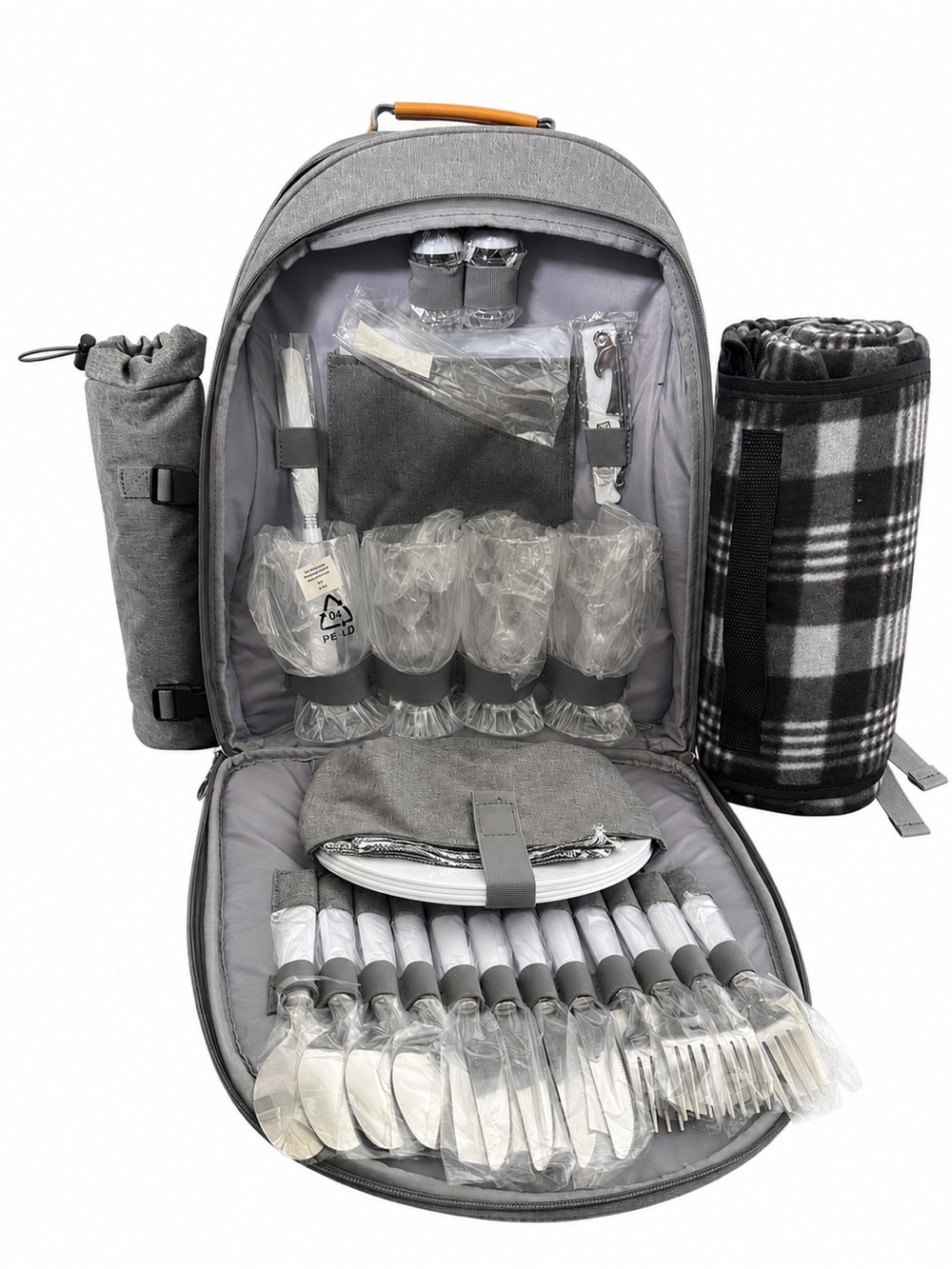 Thirty-One Pack-A-Picnic Bundle 32-Piece Backpack Set for 4 Grey Orange